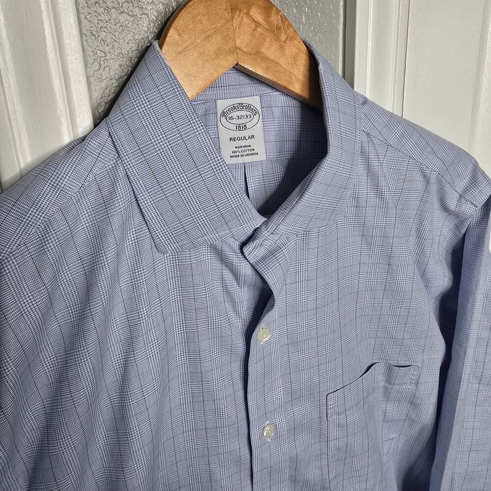 Brooks Brothers 1818 16 32/33 Dress Shirt Cotton Regular Fit Blue Plaid